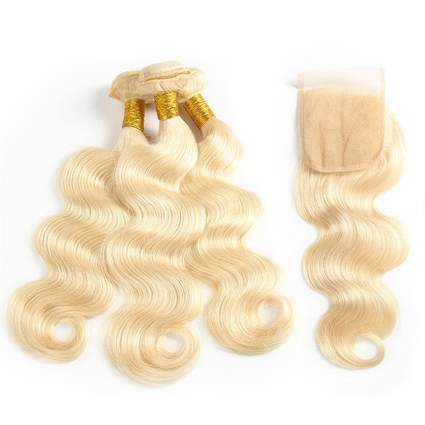 Human Hair Weaves With Closure Bundles 613 Bleach Blonde 22 Inch Hair Extensions 3bundles/lot 4*4 Lace Closure Straight Body Wave Wholesale