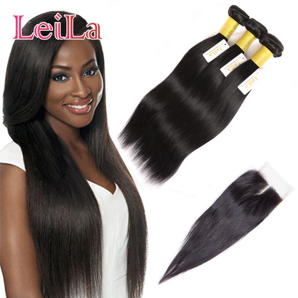 Peruvian Virgin Hair Remy Hair Cheap Silk Straight Weaves 3 Bundles With Lace Closure Straight Hair 4Pcs Lot