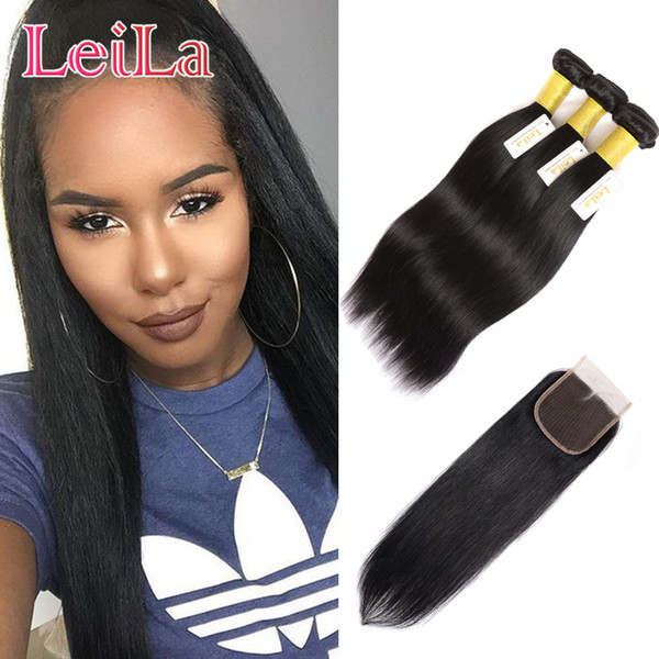 Malaysian Virgin Hair Straight Hair 3 Bundles With 4 X 4 Lace Closure Indian Straight Hair 4Pcs Lot Natural Color Remy