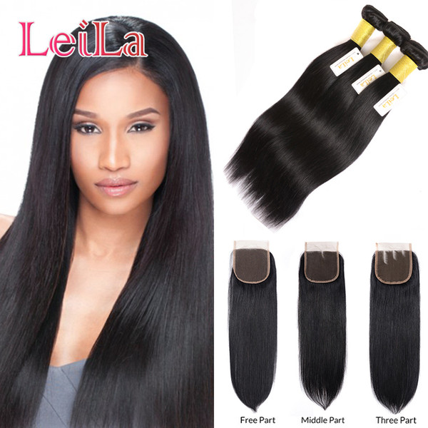 Brazilian 3 Bundles With 4X4 Lace Closure Double Weft Black Straight Hair With Lace Closures Human Hair 4 Pcs Remy Hair