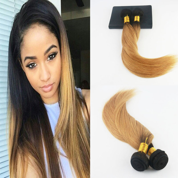 Ombre Color Brazilian Virgin Hair #1B Fading to #27 2Pcs/Lot Straight Hair Full Set Hair Wefts Extensions