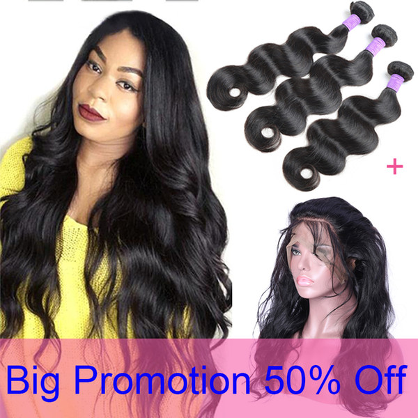 8A Brazilian Virgin Hair Body Wave 3 Bundles with 360 Lace Frontal Pre-plucked Brazilian Virgin Human Hair Body Wave with 360 Lace Frontal