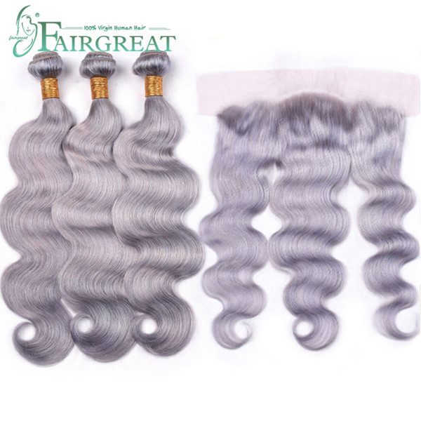 Fairgreat Grey Color 3 Bundles With Lace Frontal Brazilian 100% Human Hair Body Wave Bundles 10