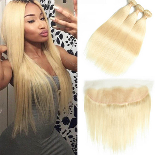 Brazilian Straight Human Hair Lace Frontal Closure With Bundles 613 Blonde Human Hair 3 Bundles With Closure