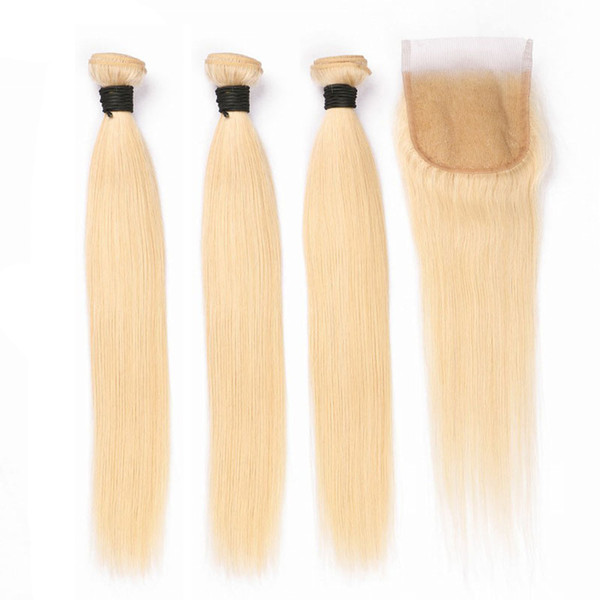 Brazilian Remy Hair Weaves Straight #613 Human Hair Bundles with 4X4 Closure pure blonde Colored Hair Weft Extensions