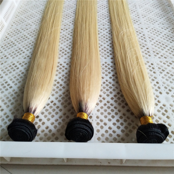 Ombre Platinum Blonde 1B 613 Color Silk Straight Human Hair Bundles 12inch-28inch Dark Roots Brazilian Remy Human Hair Weft