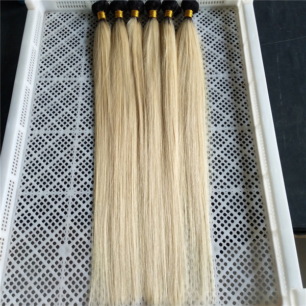 Brazlian Virgin Human Hair Weave Ombre Platinum Blonde Dark Roots 1B 613 Color Silk Straight Human Hair Bundles 12inch-28inch