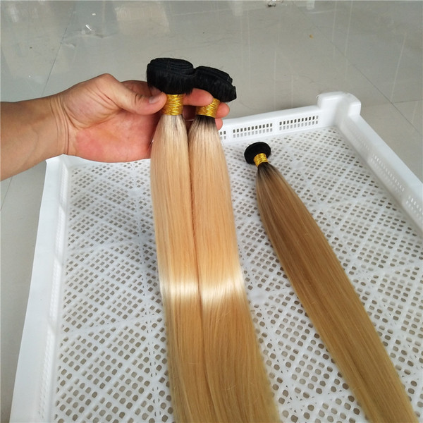 Ombre Blonde Hair Weft T1B 613 12inch-28inch Dark Roots with #613 Silk Straight Hair Weave Brazilian Remy Human Hair Weft