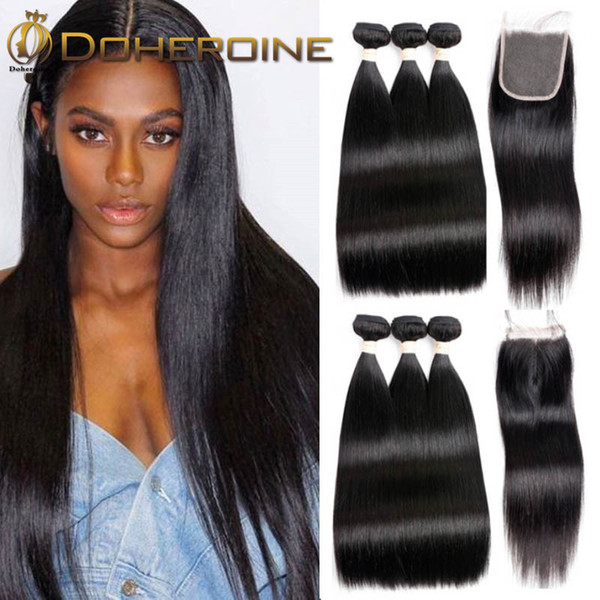 Brazilian straight Weave 3 Bundles Brazilian Straight Hair Human Hair Bundles With Lace Closure 100% Human Hair Extension 