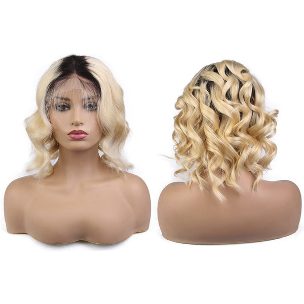 Short Wavy BOB Brazilian remy Human Hair Lace Front Wig Ombre blonde 1B/613 Bob Cut 130% 150% Density Pre Plucked Baby Hair