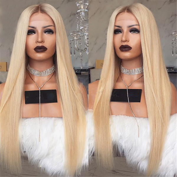 Glueless #4/613 Blonde Lace Front Human Hair Wigs Brazilian Straight Full Lace Wig Pre Plucked Ombre Blonde Remy Wigs Middle Part