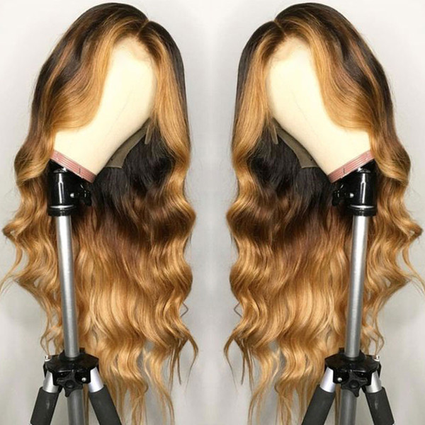 Brazilian Full Lace Remy Hair 13X6 Lace Front Wig Wavy Ombre Blonde Highlights Color Middle Part Pre Plucked