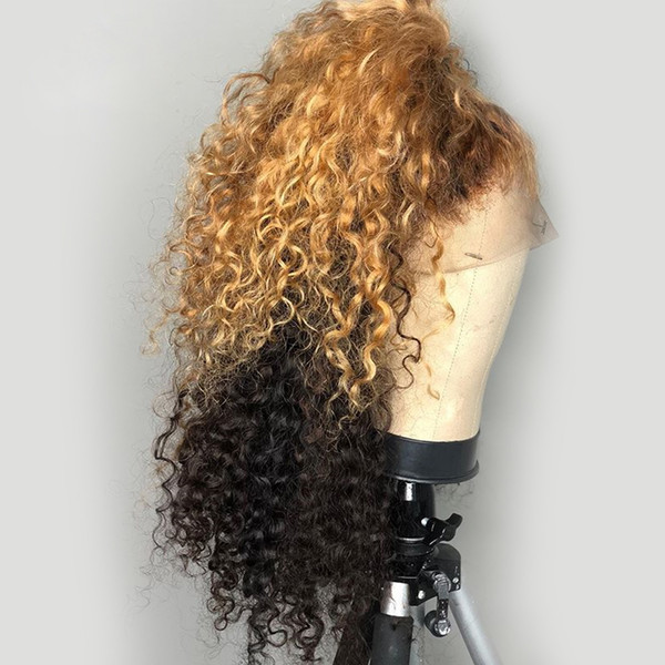 Highlight Ombre Honey Blonde 13X6 Deep Part Lace Front Human Hair Wigs Preplucked Remy Curly 360 Lace Frontal Wig