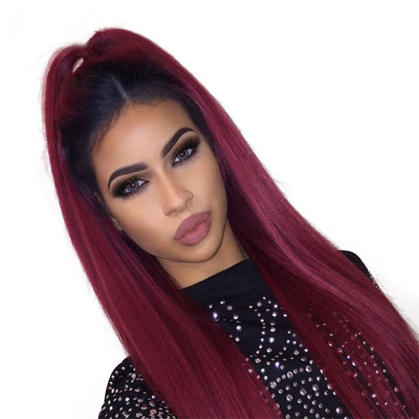 LIN MAN Brazilian Silky Straight Lace Front Wig Remy Hair Ombre 1B/99j burgundy Human Hair Wig With Baby Hair and Hairline