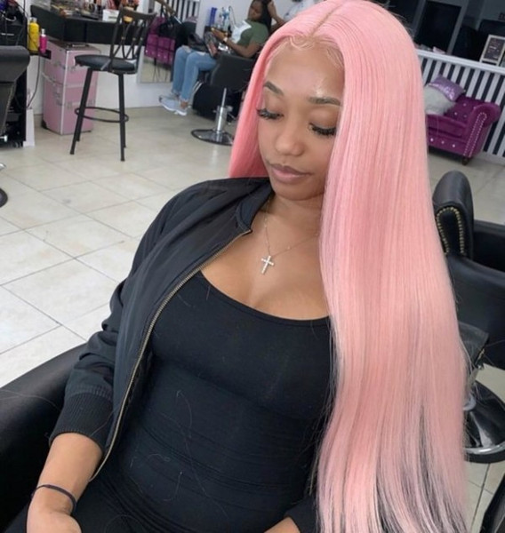 Full Lace Wig Remy Human Hair Pink Color Pre-Plucked Hairline Straight Hair with Baby Hair Glueless Wigs