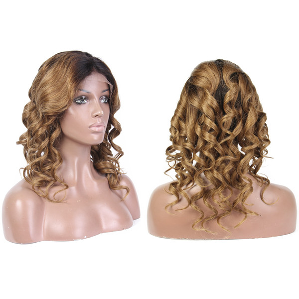 LIN MAN Ombre 1b30# Full Lace Human Hair Wigs with Baby Hair Pre-Plucked Hairline Remy Brazilian Short Wavy Glueless Wigs