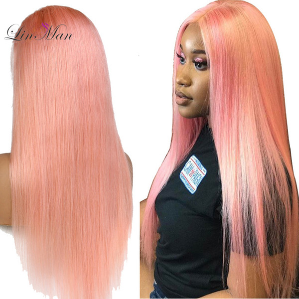 LIN MAN Peruvian Remy Human Hair Pink Color Full Lace Wig Pre-Plucked Hairline Straight Hair with Baby Hair Glueless Wigs