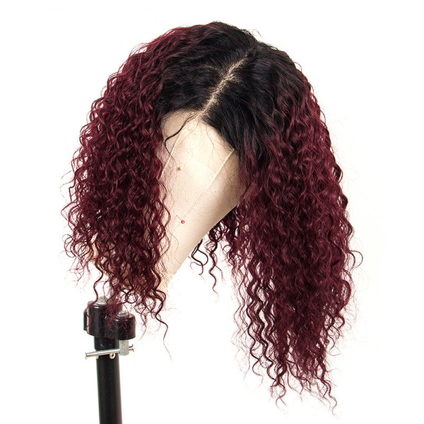 Ombre 99J Red Curly Lace Front Human Hair Wig With Baby Hair Preplucked Brazilian 13X6 Lace Front Wig For Black Women