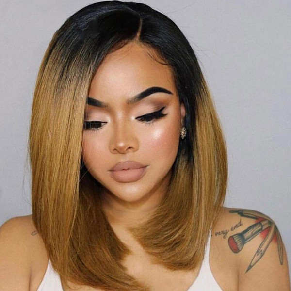 Deep Part Lace Front Bob Wig Remy Brazilian Straight Short Cut 150% Ombre Black Honey Blonde Pre Plucked Hairline Human Hair Wigs