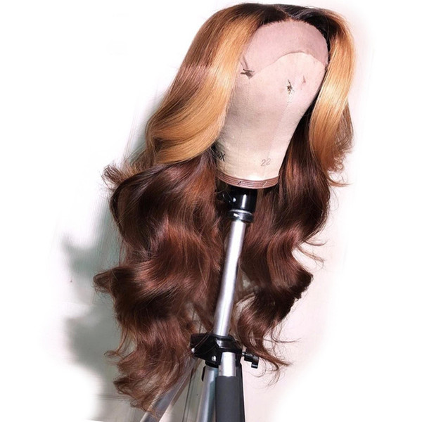 Brazilian Remy Full Lace Human Hair Wigs Ombre Brown With Honey Blonde Highlights Human Hair 13X6 Lace Front Wig