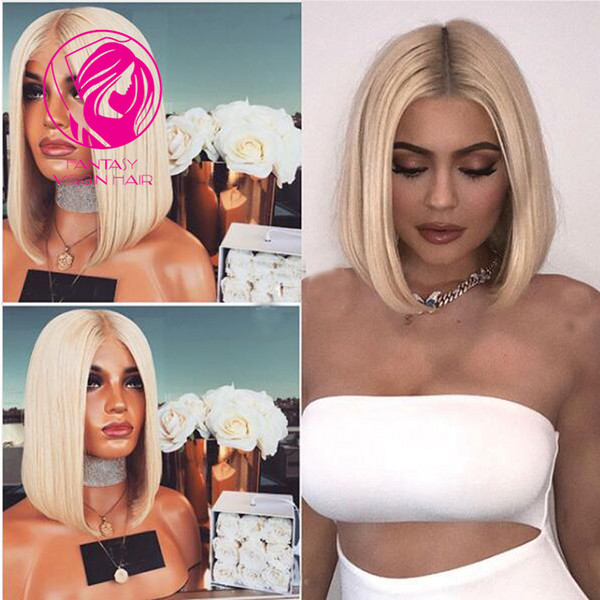 Fantasy 4/613 Ombre Blonde Full Lace Human Hair Wigs Brazilian Remy Hair Pre Plucked Middle Part Short Bob wigs With Baby Hair