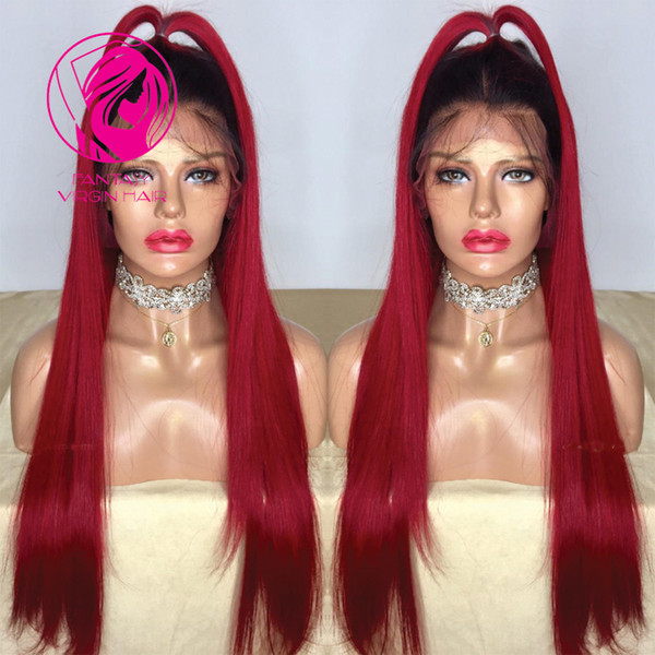 Fantasy Ombre Red Dark Roots Pre Plucked Lace Front Human Hair Wigs With Baby Hair Indian Remy Hair Straight Wig Free Style