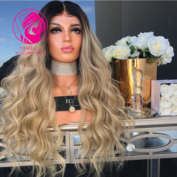 Fantasy Ombre 613 Light Blonde Dark Brown Roots 180% Density Human Hair Lace Front Wig Pre Plucked Remy Lace Wigs with Baby Hair