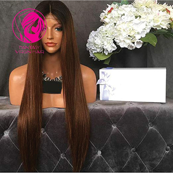 Fantasy Silk Straight Ombre Lace Front Wig With Baby Hair 3inch Black Root Brown Hair Natural Hairline Middle Part Brazilian Lace Wig