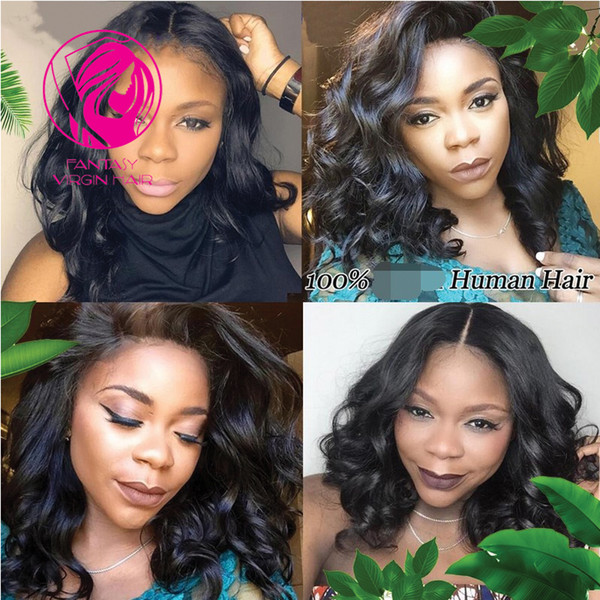 Fantasy Virgin Hair 130% Density Short Wave Lace Front Human Hair Wigs with Baby Hair Pre Plucked Side Part Wave Bob Wig