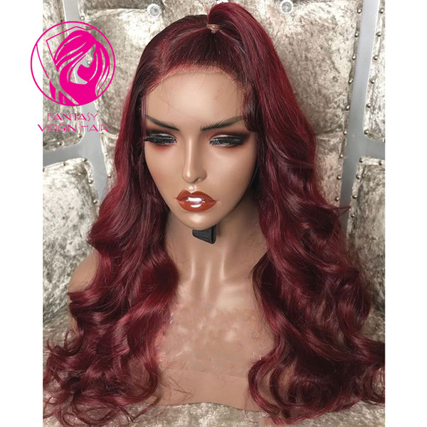 Fantasy 13x6 Human Hair Lace Front Wigs 99J Burgundy Wavy Indian Remy Hair Free Part Pre plucked Natural Hairline Lace Wig