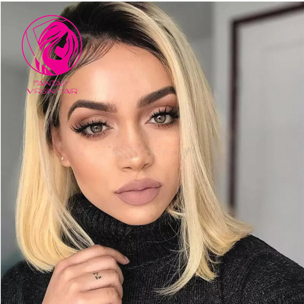 Fantasy Short Wavy/Straight Brazilian Remy Human Hair Lace Front Wig Ombre Blonde 1B/#613 Bob Cut Pre Plucked Lace Wig Baby Hair