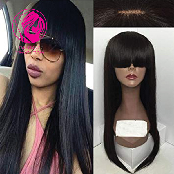 Fantasy Silk Straight Full Lace Human Hair Wigs With Bangs Brazilian Remy Hair Straight Wig For Black Women Pre Plucked