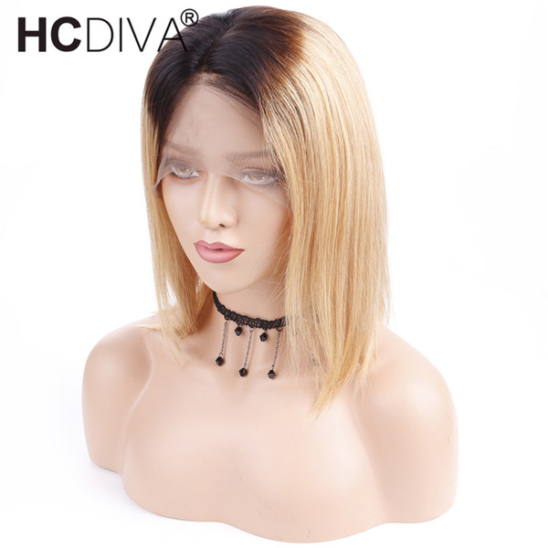 100% Human Hair Wigs T1B/27 Short Bob Straight Lace Wigs Peruvian Remy Human Hair Pre plucked Hairline Honey Blonde Remy Hair HCDIVA