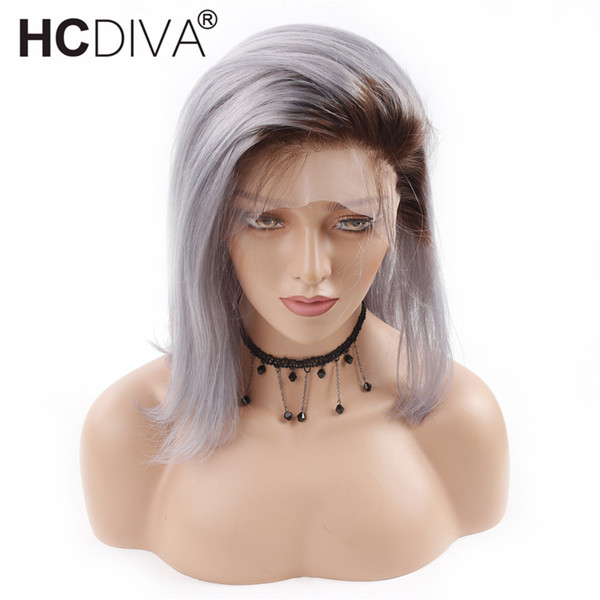 100% Human Hair Wigs T1B/Gray Short Bob Straight Lace Wigs Brazilian Remy Human Hair Pre plucked Hairline Silver Grey Remy Hair HCDIVA