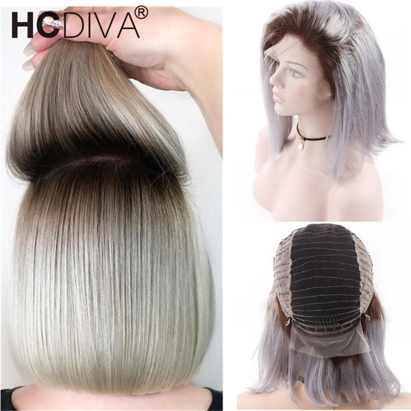 1B/Grey Dark Root Blonde 13*4 Lace Front Human Hair Wig With Baby Hair Ombre Brazilian Remy Human Wig 130 Short Bob Wig For Black Women