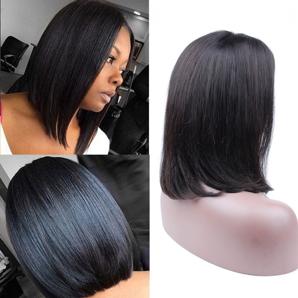 Natural Color Brazilian Straight Hair Lace Front Remy Human Hair Wig Short Bob Wigs Middle Part Bleached Knots