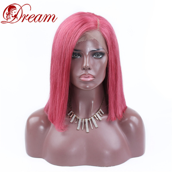 Dream Remy Queen 8a left part Lace Front Bob Wig Fucsia Straight 150% Density Human Hair For Black Women Bleached Knots