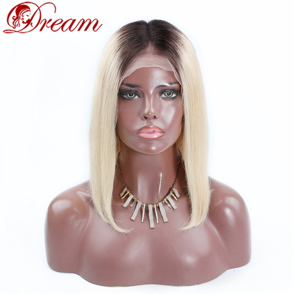 Dream Remy Queen Grade 8A Brazilian Human Hair middle part BOB Front Lace Wig Two Tone Ombre 1B 613 Dark Roots Blonde Silky Straight