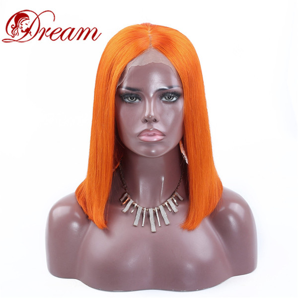 Dream Remy Queen 8a middle part Lace Front Bob Wig Orange Straight 150% Density Human Hair Bob Wigs For Black Women Bleached Knots