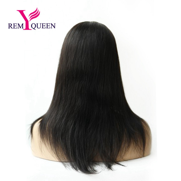 Remy Queen Human Hair 1B# Off Natural Black Straight Full Lace Wig Plucked With Baby Hair Double Knots