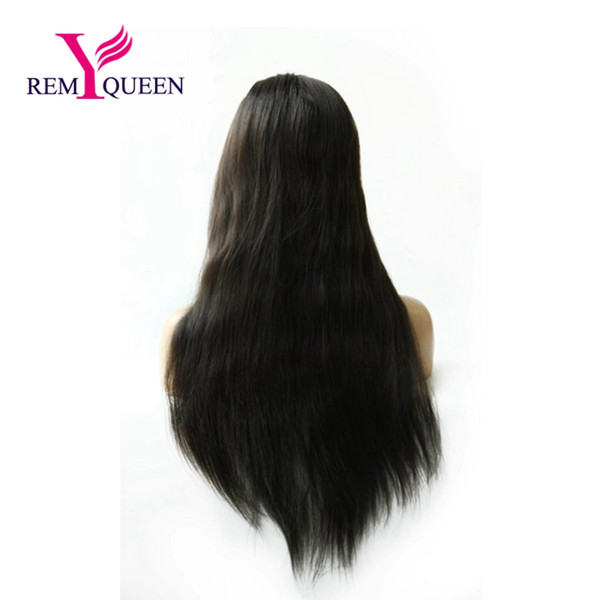 Remy Queen 1B# Off Natural Black Natural Straight Lace Front Wig 130% Medium Density Natural Hairline With Baby Hair Bleached Knots