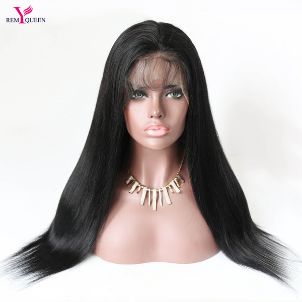 Remy Queen 1# Jet Black Natural Straight Lace Front Wig 100% Human Hair 130% Density Swiss lace Bleached Knots