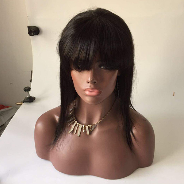 Remy Queen With Blunt Bangs Full Lace Wigs For Black Women Natural Color Silk Straight Double Knots 8A Human Hair Wig