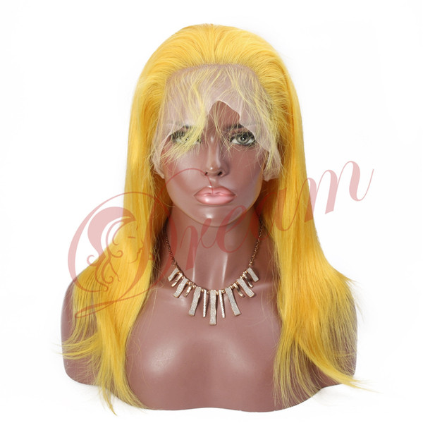 Remy Queen Human Hair Yellow silk straight Full Lace Wig 130% Medium Density Plucked With Baby Hair