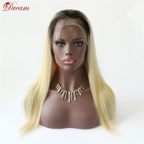 Dream Remy Queen Grade 9A Brazilian Human Hair Front Lace Wig Two Tone Ombre 1B 613 Dark Roots Blonde Silky Straight