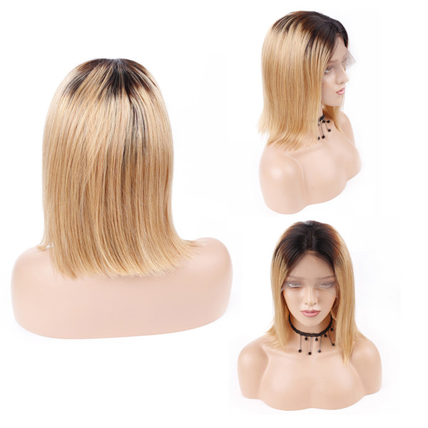 Ombre Lace Front Wig Human Hair With Baby Hair Brazilian Straight 1B/27 Bob Lace Frontal Wigs Pre Plucked Middle Part Lace Wigs