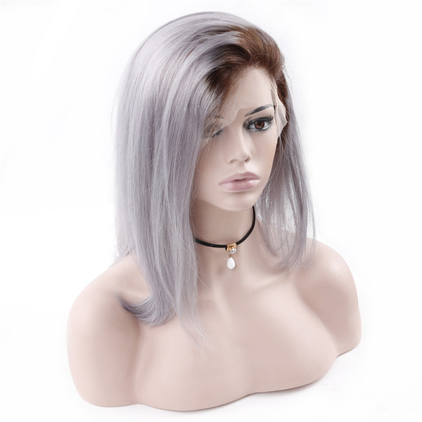 Ombre Lace Front Wigs Human Hair With Baby Hair Pre Plucked #4/Gray Short Bob Wig Peruvian Straight Lace Front Wigs For Women