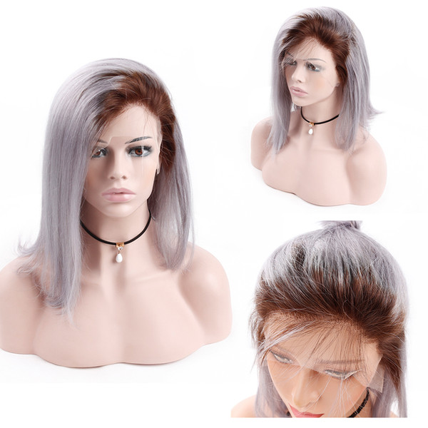 1B/Gray Lace Frontal Wigs Pre Plucked With Baby Hair Ombre Short Bob Wig Peruvian Straight Lace Front Human Hair Wigs For Women