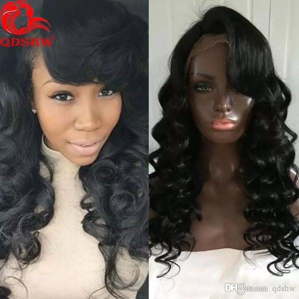 African American Human Hair Wigs Bangs Side Part Virgin Brazilian Hair Body Wave Glueless Pre Plucked Full Lace Front Wigs With Bangs