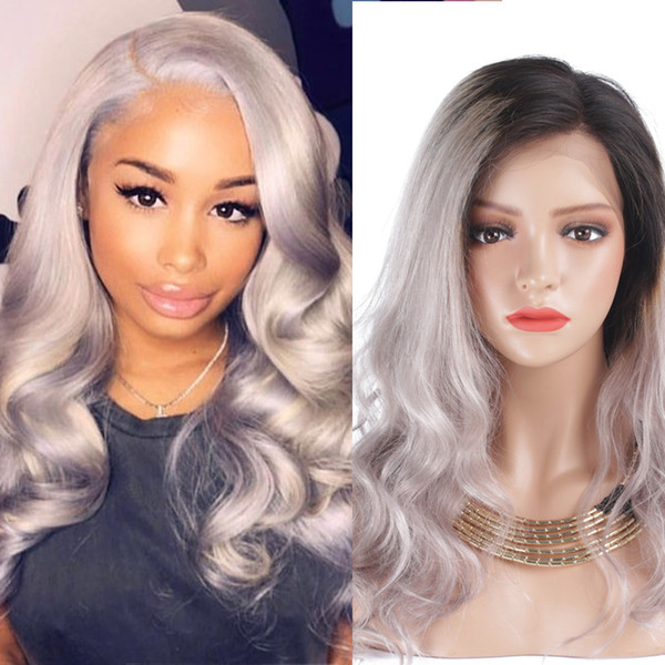 Full Lace Human Hair Wigs Lace Front Human Hair Wig Ombre T1b/grey# Color Wavy Side Part 130% Density Wig